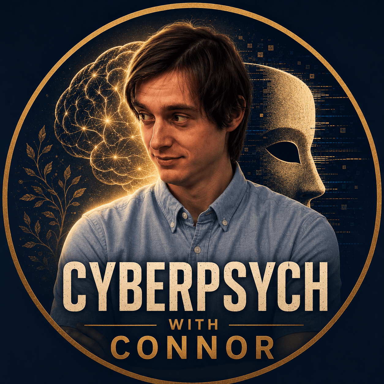 Connor framed by a glowing gold brain and digital mask illustration